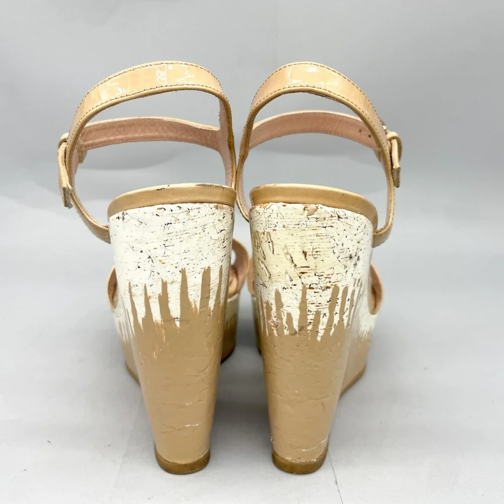 Stuart Weitzman Womens 8M Single Sky Cork Wedge Tan Patent Leather Heels Boho - Picture 6 of 12